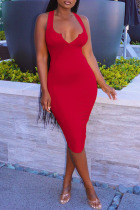 Red Sexy Solid Split Joint Spaghetti Strap Wrapped Skirt Dresses