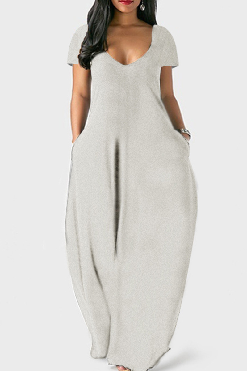 

Grey Casual Solid Split Joint Pocket V Neck Short Sleeve Dress Dresses