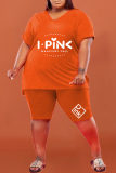 Orange Fashion Casual Letter Print Basic V Neck Plus Size Two Pieces