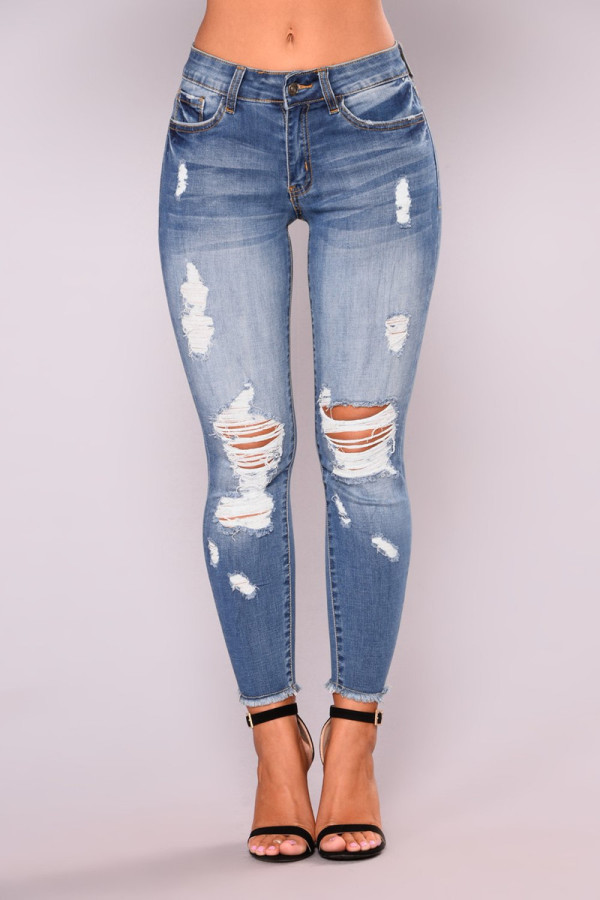 Light Blue Fashion Casual Cropped Ripped Jeans