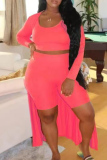 Fluorescent Pink Fashion Casual Solid Basic O Neck Plus Size Three-piece Set
