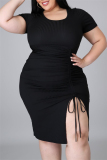 Black Sexy Casual Plus Size Solid Slit O Neck Short Sleeve Dress