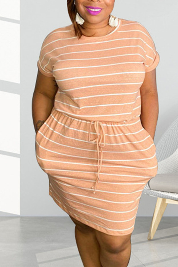 Orange Casual Striped Print Patchwork Frenulum O Neck Short Sleeve Dress Plus Size Dresses