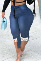Medium Blue Fashion Casual Solid Tassel Split Joint Plus Size Jeans