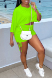 Fluorescent Green Fashion Casual Solid Fold O Neck Half Sleeve Two Pieces