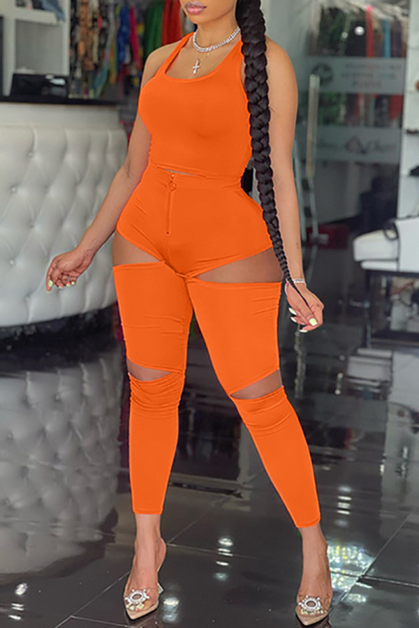 Orange Fashion Sexy Solid Hollowed Out Backless U Neck Sleeveless Two Pieces