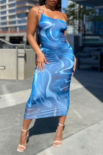 Peacock Blue Fashion Sexy Print Backless Spaghetti Strap Sleeveless Dress