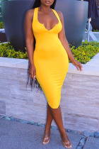 Yellow Sexy Solid Split Joint Spaghetti Strap Wrapped Skirt Dresses