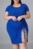 Blue Sexy Casual Plus Size Solid Slit O Neck Short Sleeve Dress