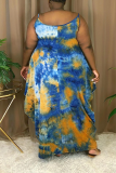 Blue Sexy Print Patchwork Spaghetti Strap Irregular Dress Plus Size Dresses