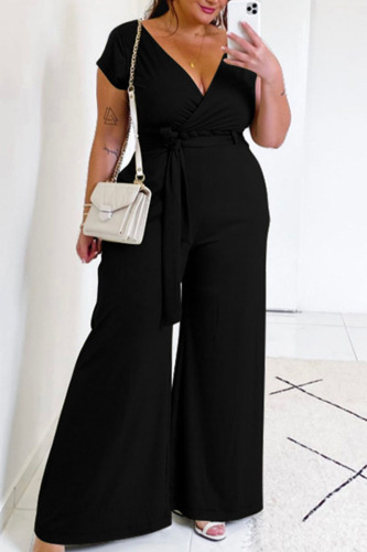 Black Casual Solid Bandage Patchwork V Neck Plus Size Jumpsuits