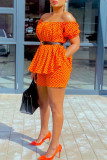 Orange Fashion Casual Print Without Belt Spaghetti Strap Short Sleeve Two Pieces