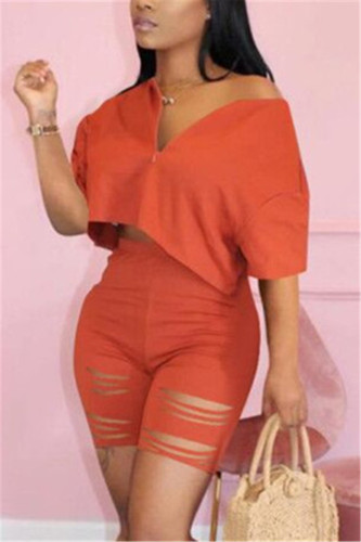 Orange Fashion Short Sleeve Top Shorts Casual Set