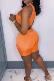 Orange Sexy Casual Solid Bandage Hollowed Out V Neck Sleeveless Two Pieces