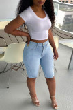 Baby Blue Fashion Casual Solid Basic High Waist Regular Jeans