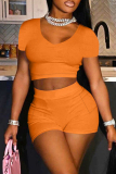 Orange Fashion Casual Solid Basic Short Sleeve Two Pieces