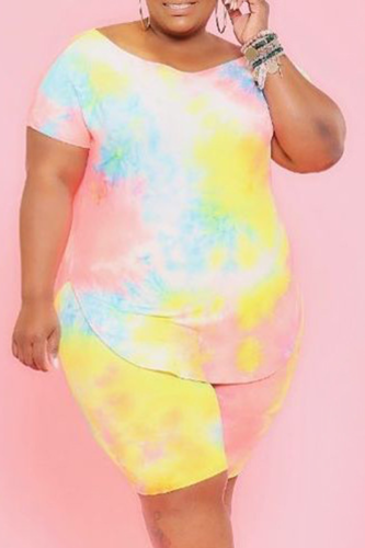 Yellow Casual O Neck Print Tie Dye Pattern Plus Size
