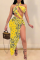 Yellow Sexy Print Hollowed Out Split Joint Swimwears