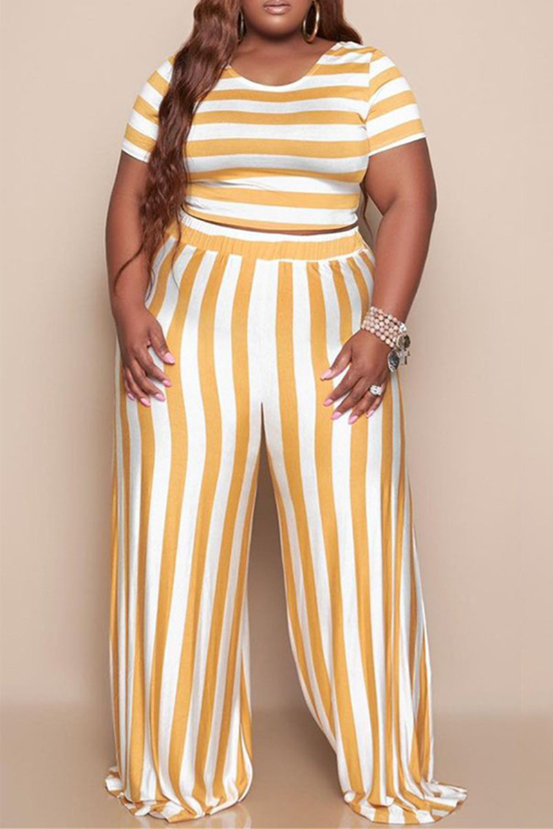 

Yellow Fashion Casual Striped Print Basic O Neck Plus Size Two Pieces