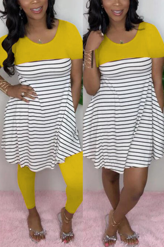 Yellow Fashion Loose Short Sleeve Top Tight Pants Set