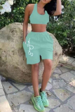 Mint green Casual Sportswear Print Vests U Neck Sleeveless Two Pieces