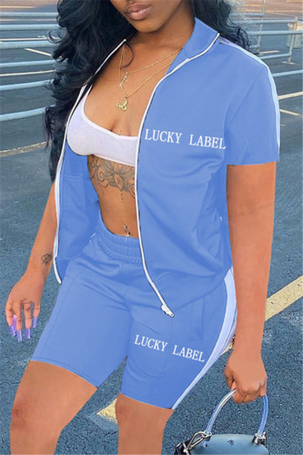 Light Blue Casual Sportswear Letter Embroidered Patchwork Zipper Collar Short Sleeve Two Pieces