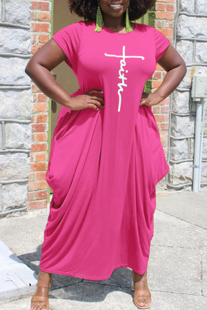 Rose Red Casual Print Split Joint Asymmetrical O Neck Short Sleeve Dress Plus Size Dresses
