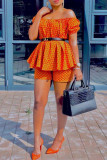 Orange Fashion Casual Print Without Belt Spaghetti Strap Short Sleeve Two Pieces