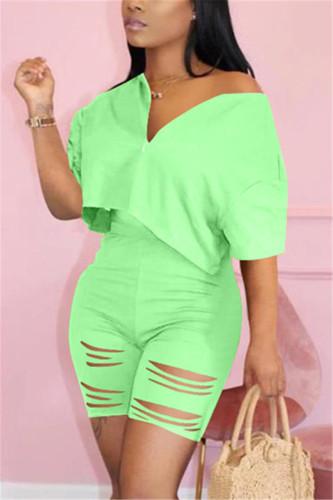 Fluorescent green Fashion Short Sleeve Top Shorts Casual Set