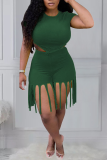 Army Green Sexy Solid Tassel O Neck Short Sleeve Two Pieces