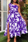 Purple Elegant Print Split Joint High Opening Oblique Collar Princess Dresses
