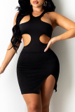 Black Sexy Solid Hollowed Out Asymmetrical Halter A Line Dresses