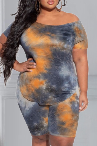 Tangerine Red Casual O Neck Print Tie Dye Pattern Plus Size