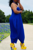 Blue Sexy Street Solid Patchwork Pocket Spaghetti Strap Plus Size Jumpsuits