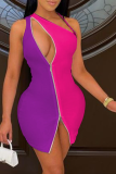 Purple Sexy Color Block Hollowed Out One Shoulder Irregular Dress Dresses