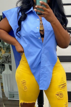 Blue Sexy Solid Patchwork Turndown Collar Tops