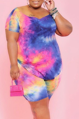 Rose Red Blue Casual O Neck Print Tie Dye Pattern Plus Size