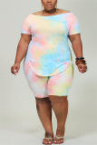 Rose Red Blue Casual O Neck Print Tie Dye Pattern Plus Size