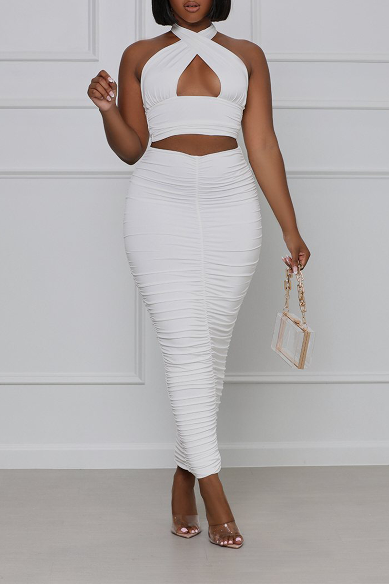 

White Sexy Solid Split Joint Halter Sleeveless Two Pieces