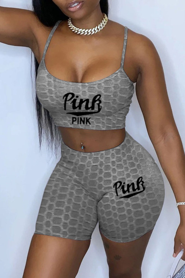 Grey Sexy Print Patchwork Backless Spaghetti Strap Sleeveless Two Pieces