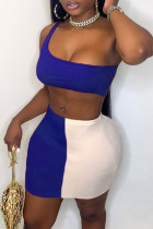 Blue Sexy Solid Backless Asymmetrical One Shoulder Sleeveless Two Pieces