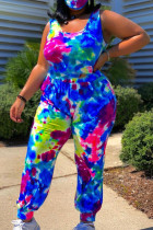 Blue Fashion Casual Tie Dye Printing O Neck Plus Size Jumpsuits