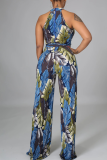 Turquoise Sexy Print Patchwork Halter Straight Jumpsuits