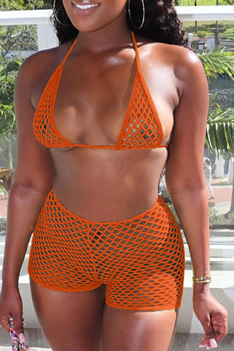 Tangerine Red Sexy Solid Mesh Swimwears