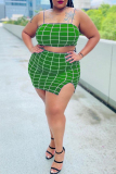 Green Sexy Casual Letter Print Backless Spaghetti Strap Plus Size Two Pieces