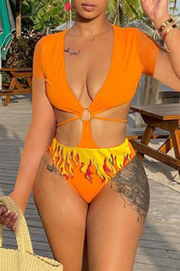 Orange Fashion Sexy Hollowed Out Backless Swimwears