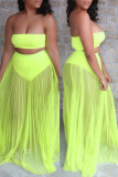 Fluorescent Green Fashion Sexy Solid Patchwork Backless Strapless Sleeveless Two Pieces Swimwears