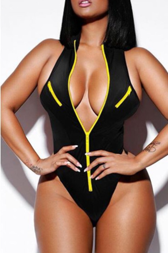 Black Sexy Solid Patchwork Zipper Swimwears