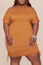 Brown Fashion Casual Plus Size Solid Hollowed Out V Neck Short Sleeve Dress