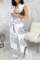 Black And White Sexy Print Split Joint V Neck Straight Jumpsuits